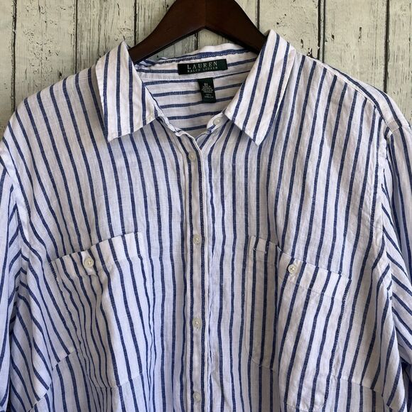 Lauren Ralph Lauren Womens Linen Button Up Shirt Plus Size 3X Striped Nautical - Picture 3 of 11